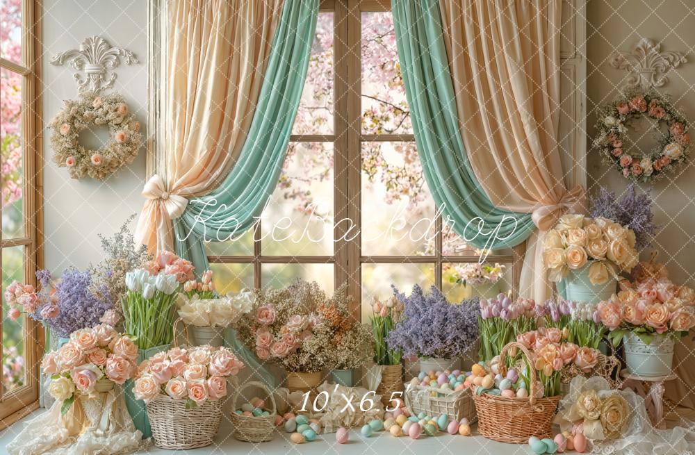 TEST Kate Easter Pastel Flowers Window Basket Eggs Backdrop Designed by Emetselch