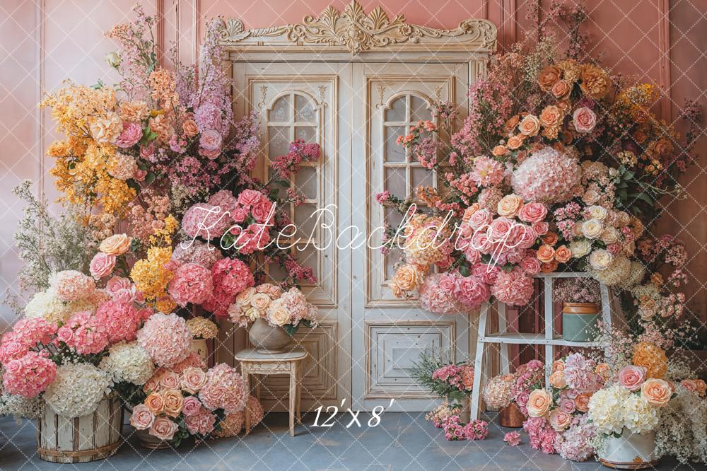 Kate Spring Flowers Vintage White Door Pink Wall Backdrop Designed by Emetselch