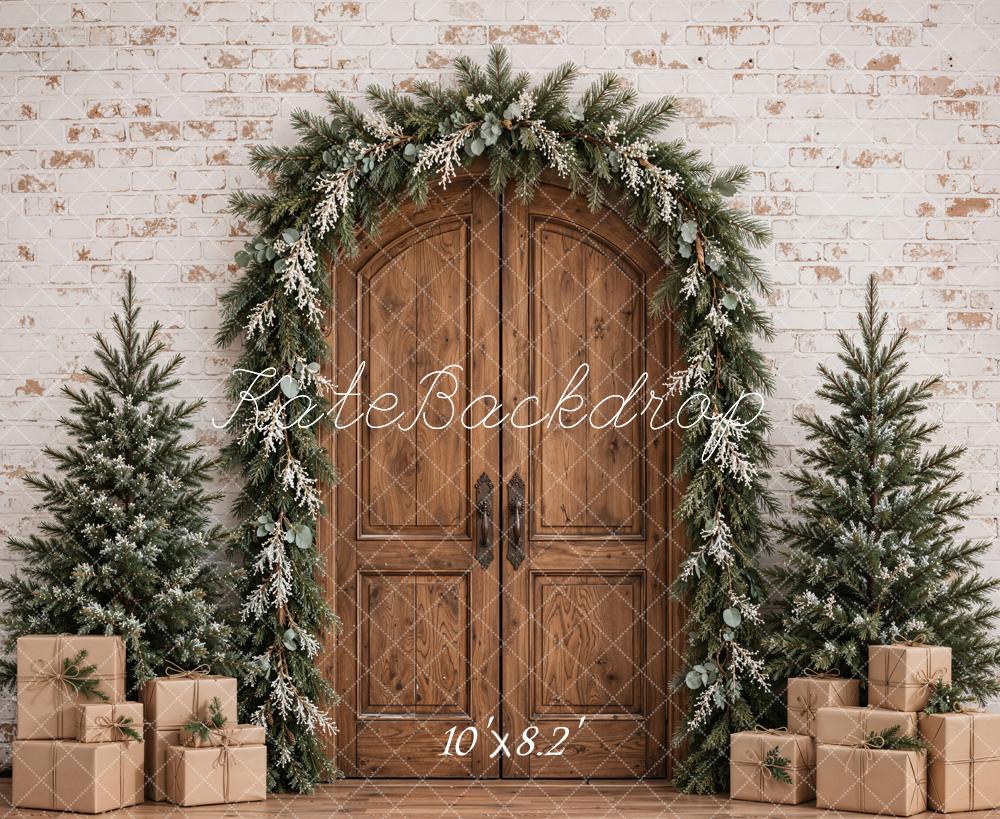 Kate Christmas Rustic Wood Arched Door Garland Trees Gifts Printed Backdrop Designed by Emetselch