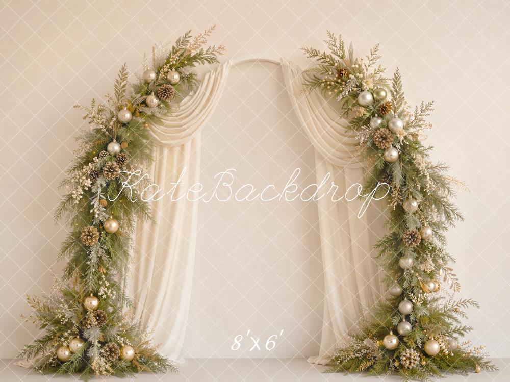 Kate Christmas Flower Arch Pine Cone Ornaments Cream Drapes Printed Backdrop Designed by Emetselch