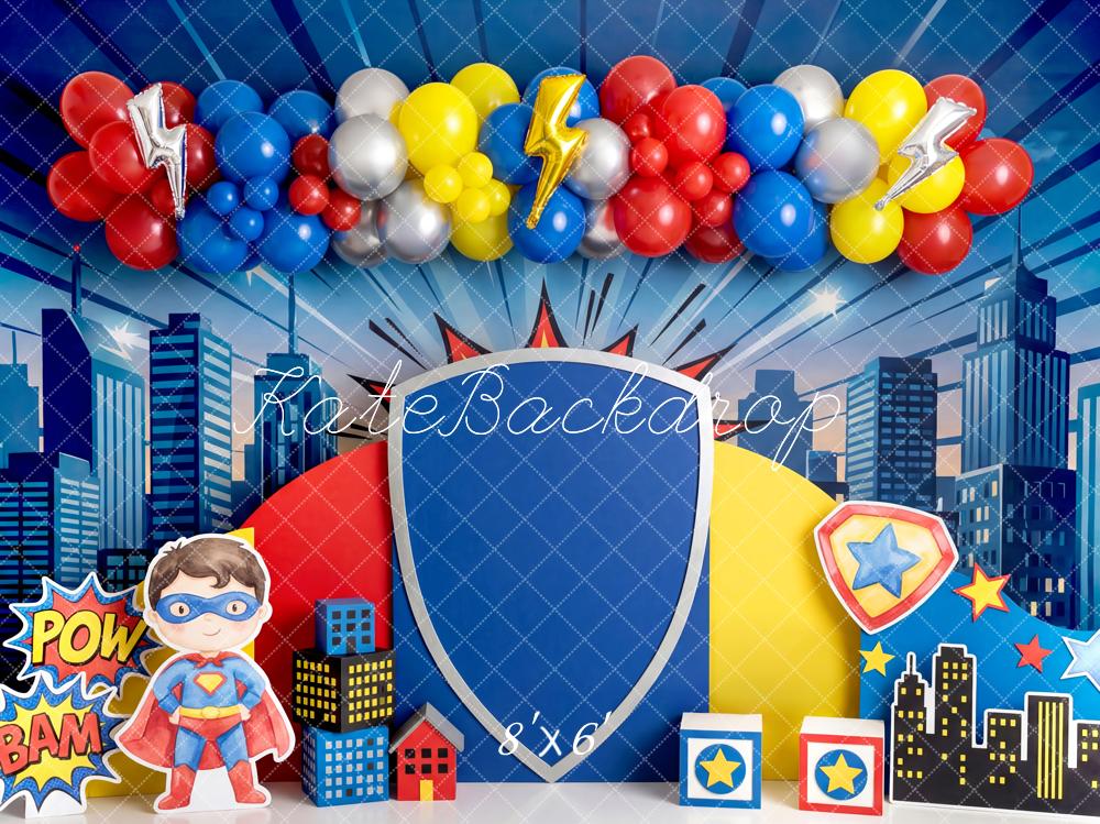 TEST Kate Superhero City Skyline Comic Balloons Shield Printed Backdrop Designed by Patty Roberts