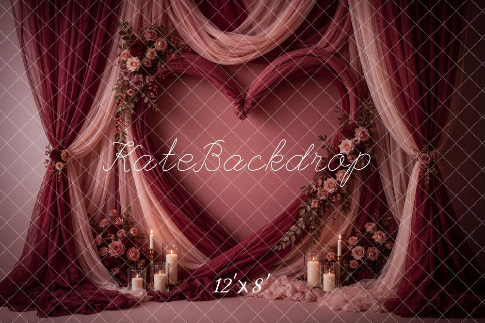 Kate Valentine's Day Burgundy Drapes Floral Heart Cozy Printed Backdrop Designed by Ashley Ward