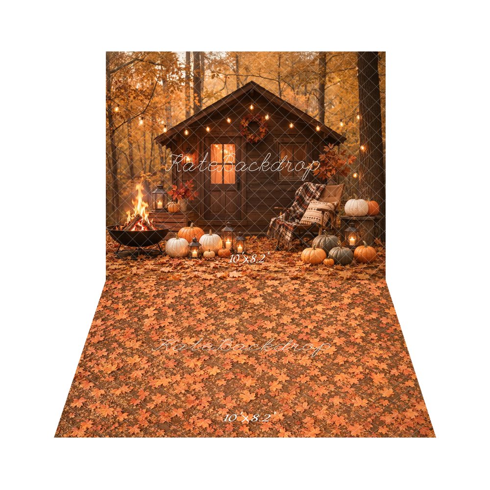 Kate Fall Pumpkin Cabin Fire Pit Lantern String Lights Printed Backdrop+Fall Orange Maple Leaves Floor Backdrop Printed Backdrop