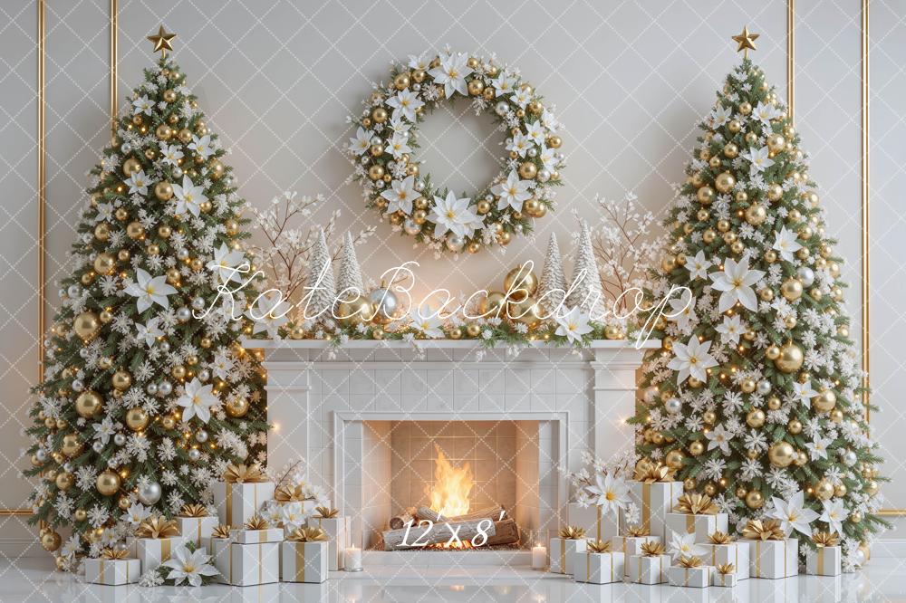 Kate Christmas White Gold Poinsettias Trees Fireplace Wreath Presents Printed Backdrop Designed by Mini MakeBelieve