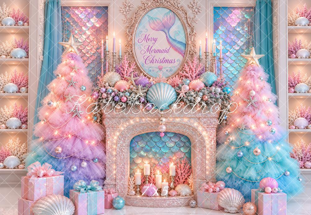 Kate Christmas Mermaid Seashell Fireplace Printed Backdrop Designed by Ashley Paul