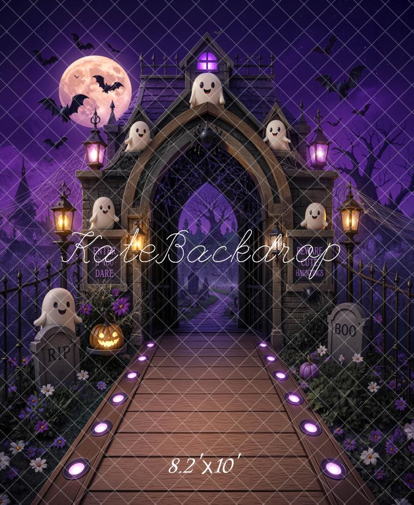 Kate Halloween Trunk or Treat Haunted Gate Ghosts Purple Printed Backdrop Designed by Mini MakeBelieve