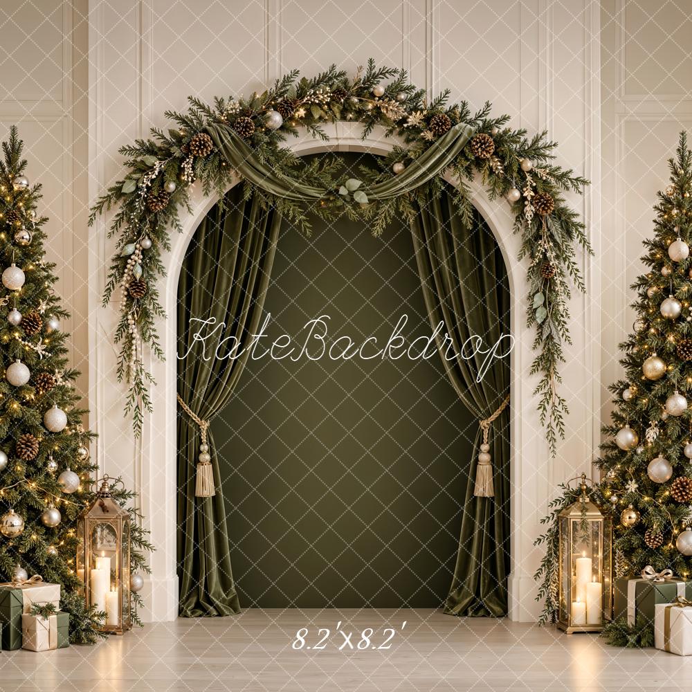 Kate Christmas Evergreen Garland Arch Twin Trees Green Printed Backdrop Designed by Emetselch