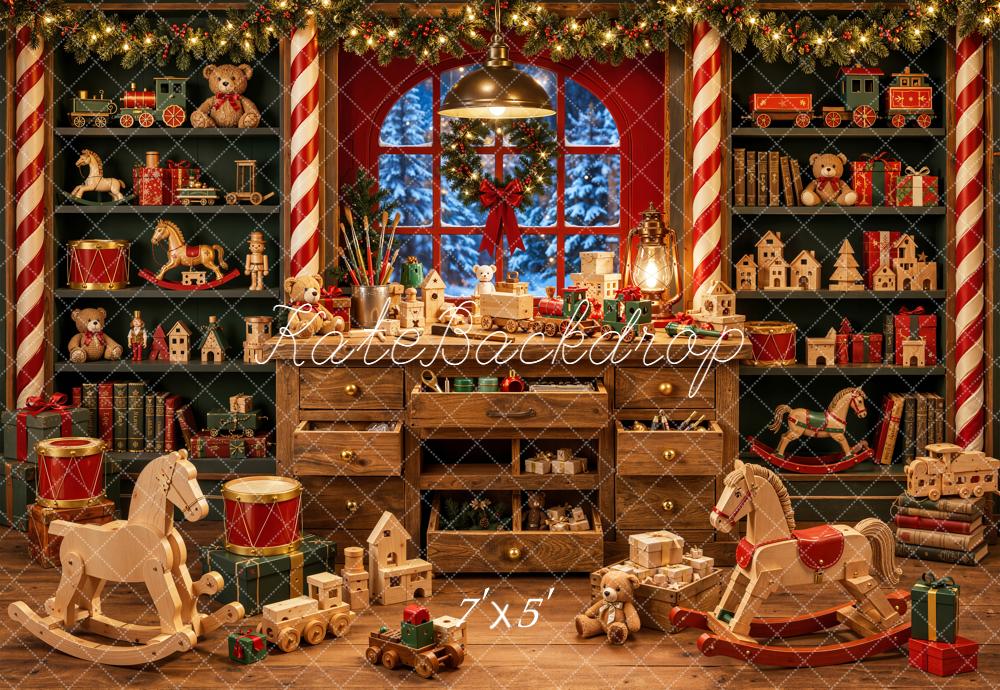 Kate Christmas Toys Room Wooden Rocking Horse Teddy Bear Printed Backdrop Designed by Emetselch
