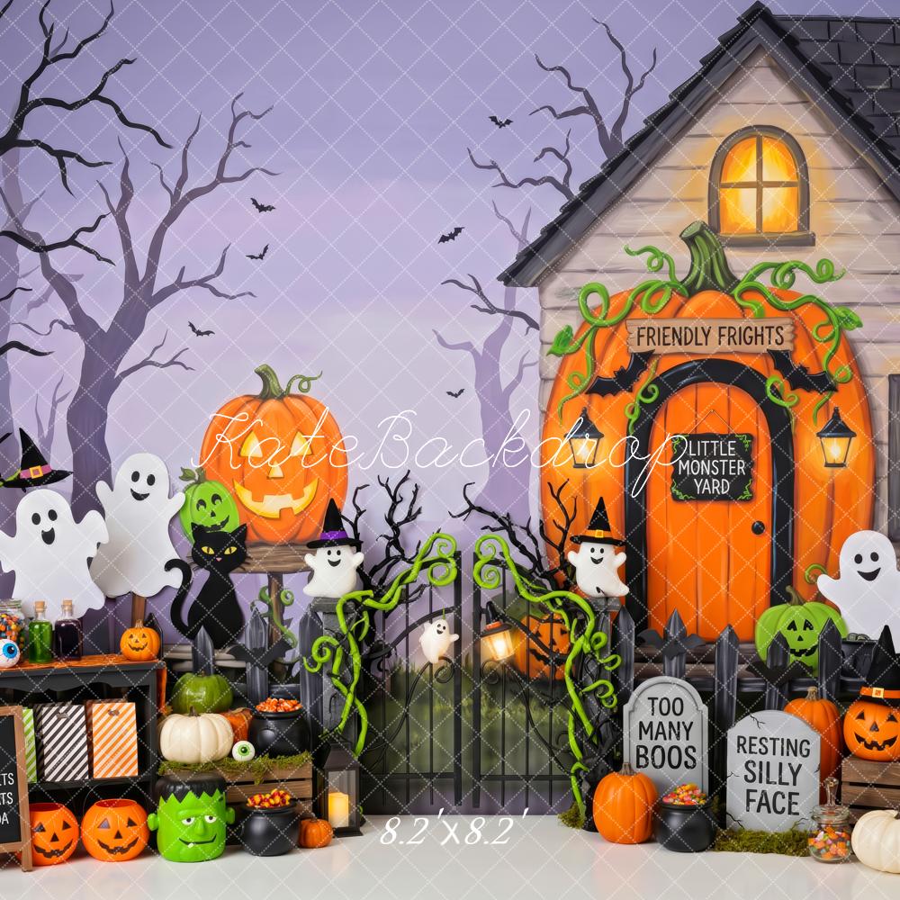 Kate Halloween Trick Or Treat Haunted House Pumpkins Ghosts Printed Backdrop Designed by Patty Roberts