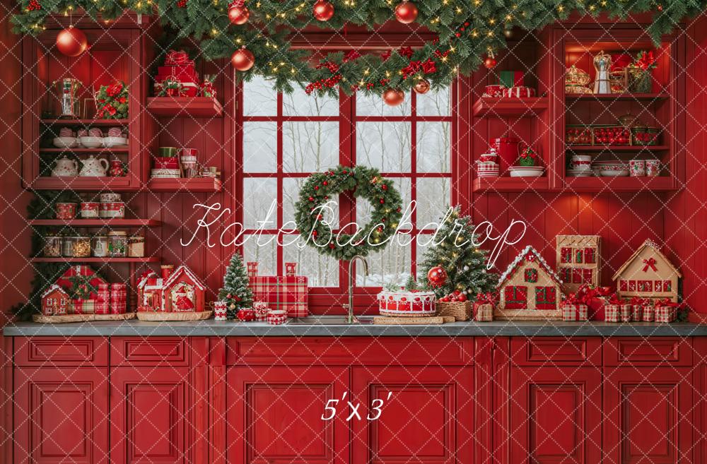 Kate Christmas Red Kitchen Cabinet Garland Gingerbread House Wreath Backdrop Designed by Emetselch