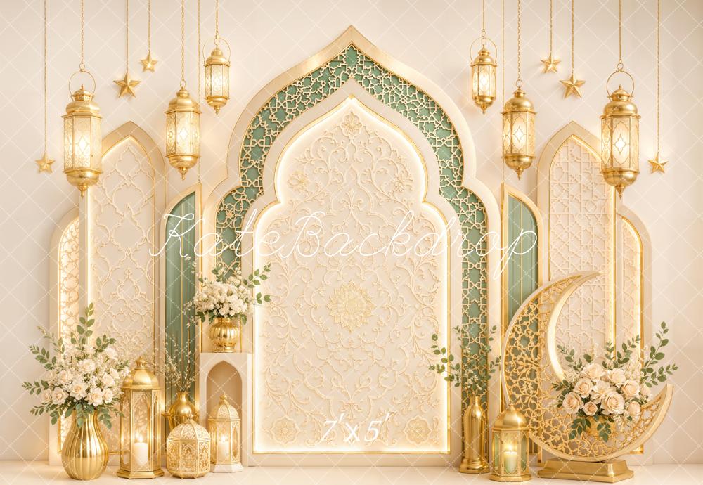 Kate Islamic Gold Arches Lanterns Crescent Moon Printed Backdrop Designed by Emetselch