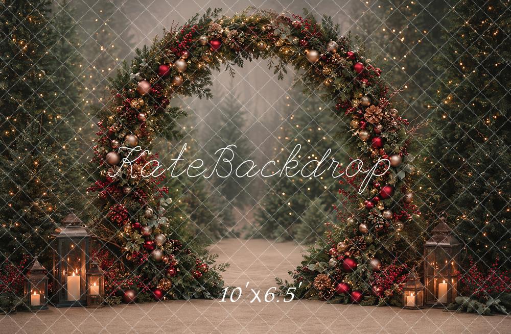 Kate Christmas Evergreen Garland Arch Forest Lanterns Candlelight Printed Backdrop Designed by Angela Miller