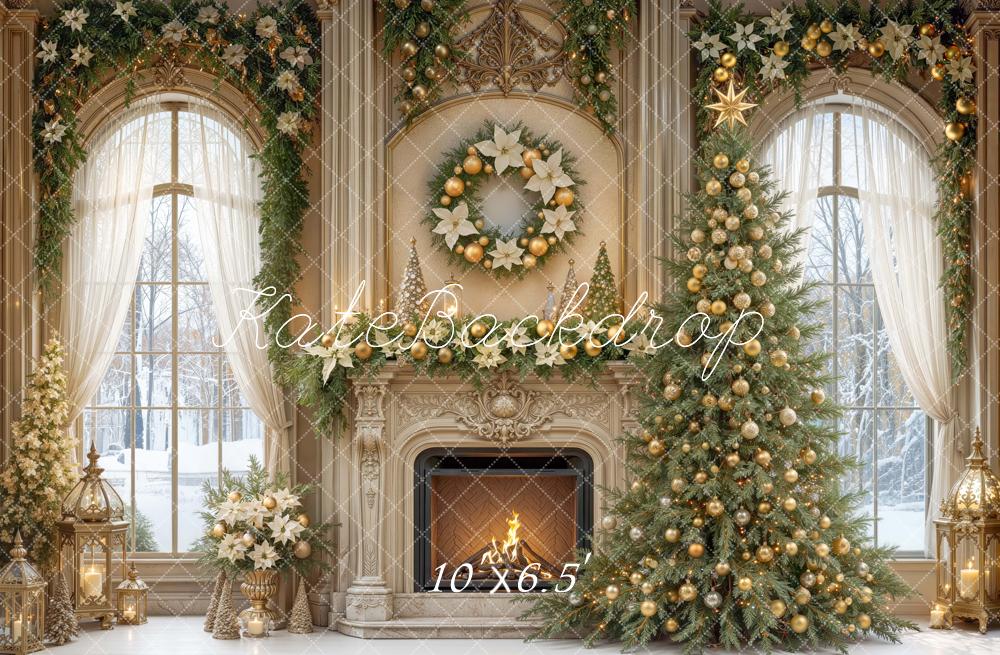 Kate Christmas Tree Fireplace Wreath Garland Arched Window Printed Backdrop Designed by Mini MakeBelieve