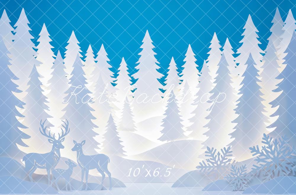 Kate Winter Blue Snowy Forest Paper Silhouettes Deer Snowflakes Printed Backdrop Designed by Patty Roberts