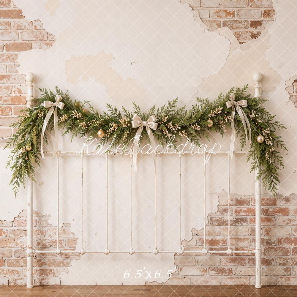 Kate Christmas Vintage Brick Wall Garland Headboard Printed Backdrop Designed by Emetselch