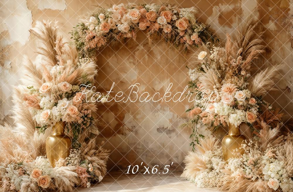 Kate Boho Flower Arch Pampas Grass Gold Vase Roses Backdrop Designed by Emetselch