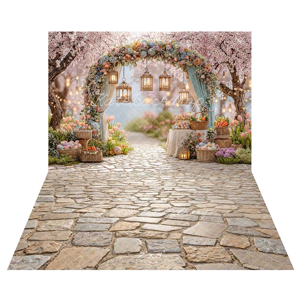 Kate Easter Spring Flower Arch Pastel Eggs Lanterns Garden Pink Printed Backdrop+Cobblestone Floor Printed Backdrop