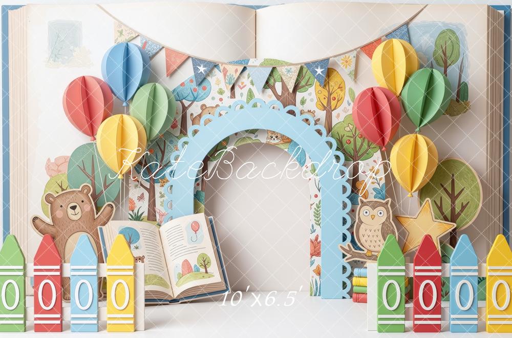 Kate Back to School Crayon Paper Balloons Arch Animals Storybook Printed Backdrop Designed by Mini MakeBelieve