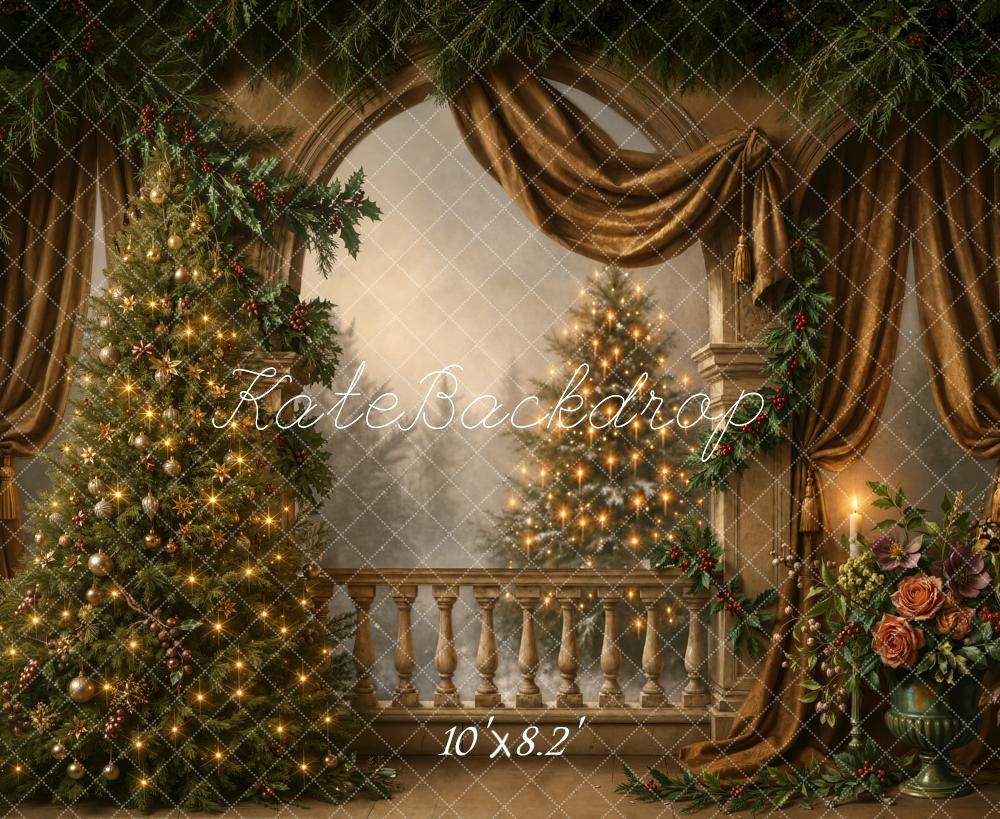 Kate Christmas Tree Vintage Balcony Garland Gold Curtains Flowers Printed Backdrop Designed by Chain Photography