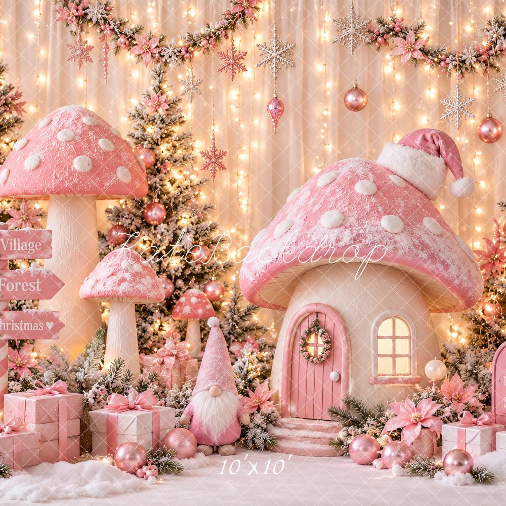 Kate Christmas Pink Mushroom Fairy Forest Cottage Snowy Printed Backdrop Designed by Ashley Paul
