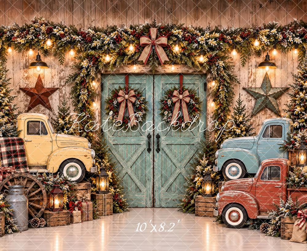 Lightning Deal Kate Christmas Vintage Trucks Barn Door Wreaths Garland Rustic Printed Backdrop Designed by Laura Bybee