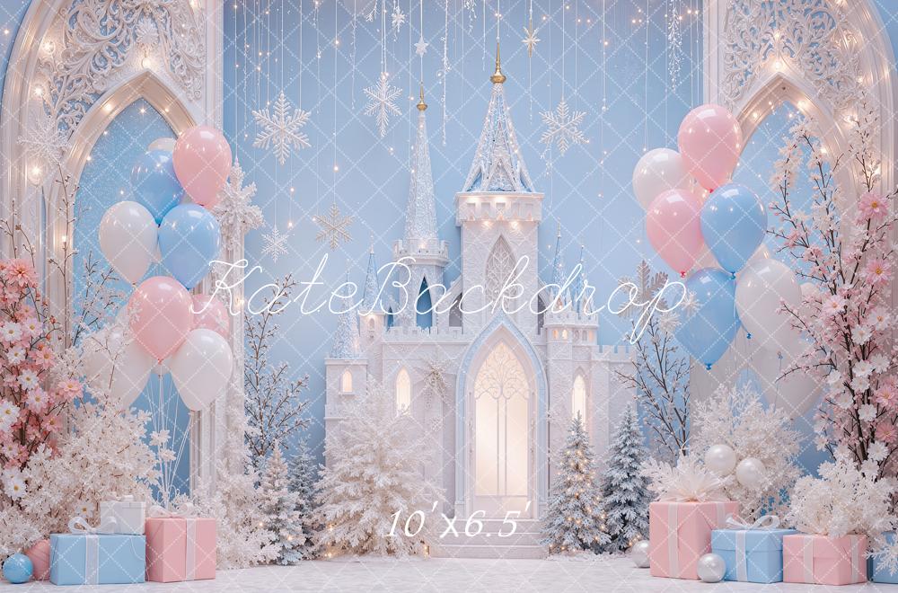 Kate Christmas Wonderland Blue Castle Snowflakes Balloons Printed Backdrop Designed by Shutter Swan Studios