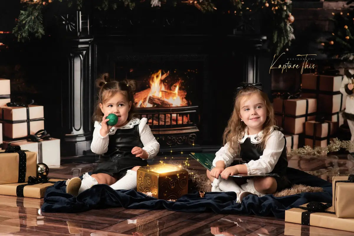 Kate Christmas Black Modern Fireplace Brown Wooden Fleece Backdrop Designed by Emetselch