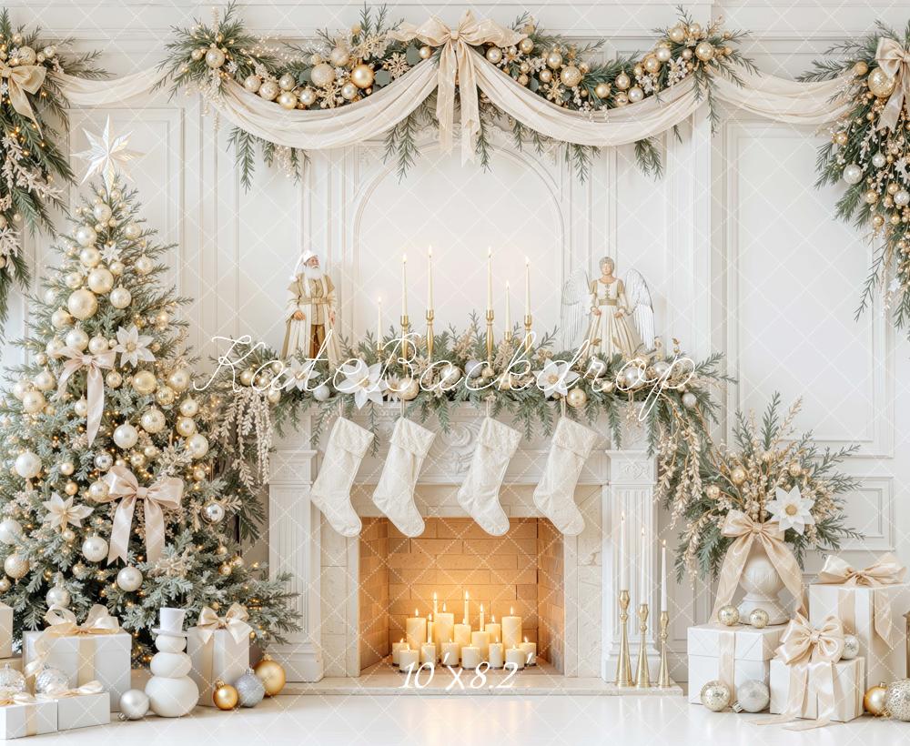 Kate Christmas White Gold Tree Mantel Fireplace Garland Printed Backdrop Designed by Mini MakeBelieve