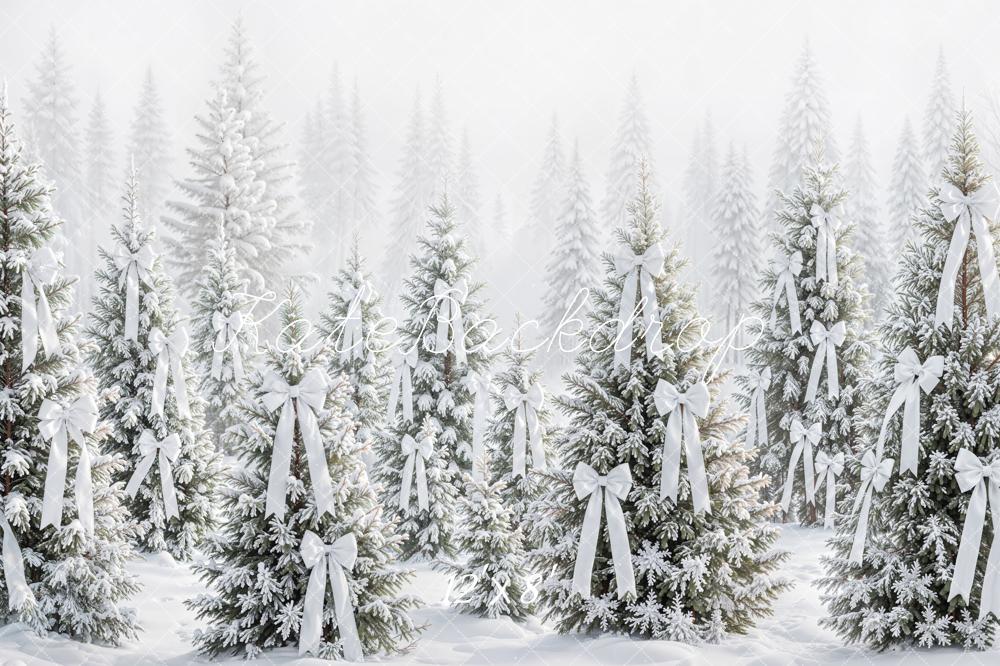 Kate Christmas Snowy Pine Trees White Bows Printed Backdrop Designed by Emetselch
