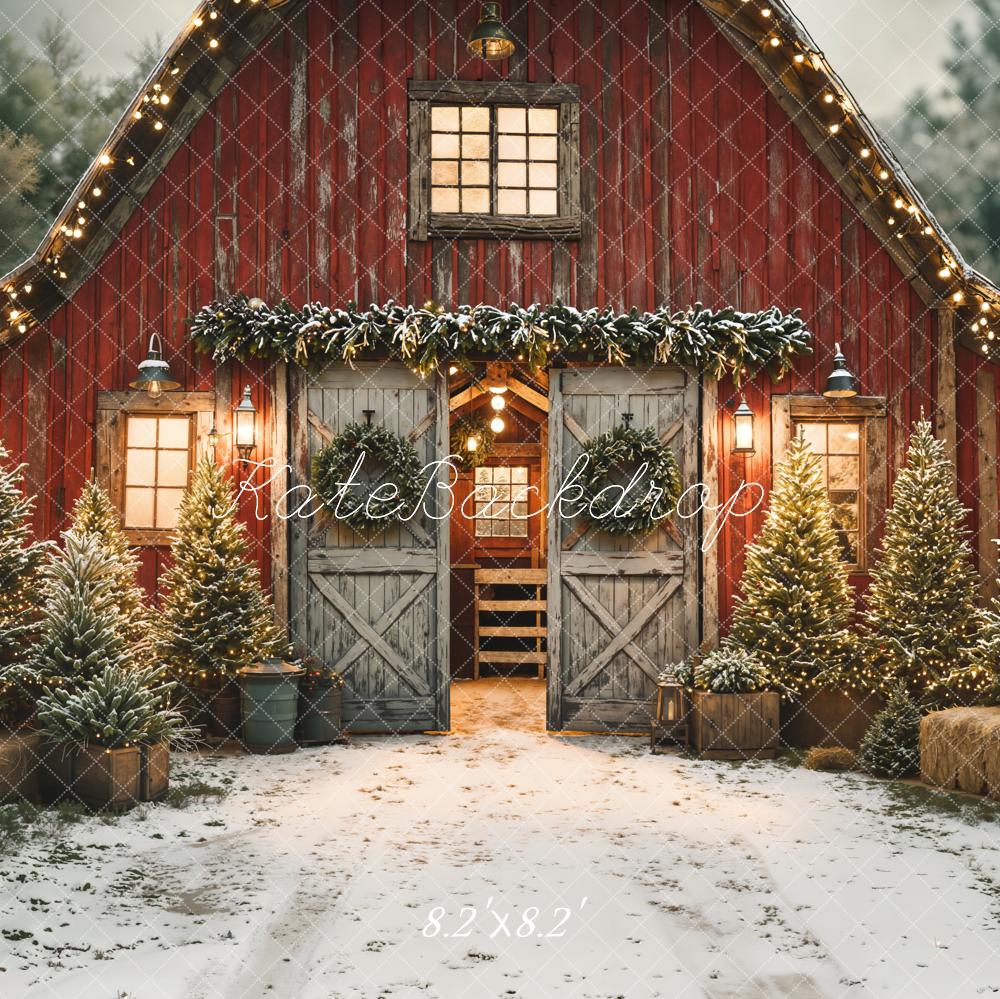 Kate Christmas Red Barn Snowy Pine Trees Backdrop Designed by Emetselch