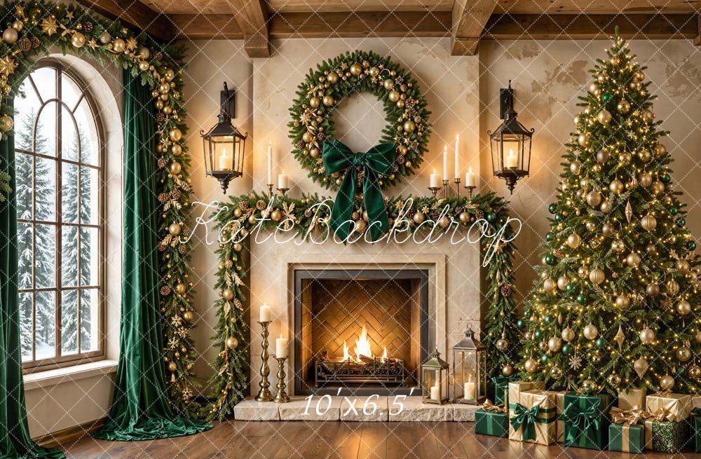 Kate Christmas Tree Fireplace Wreath Garland Gifts Green Curtains Printed Backdrop Designed by Emetselch