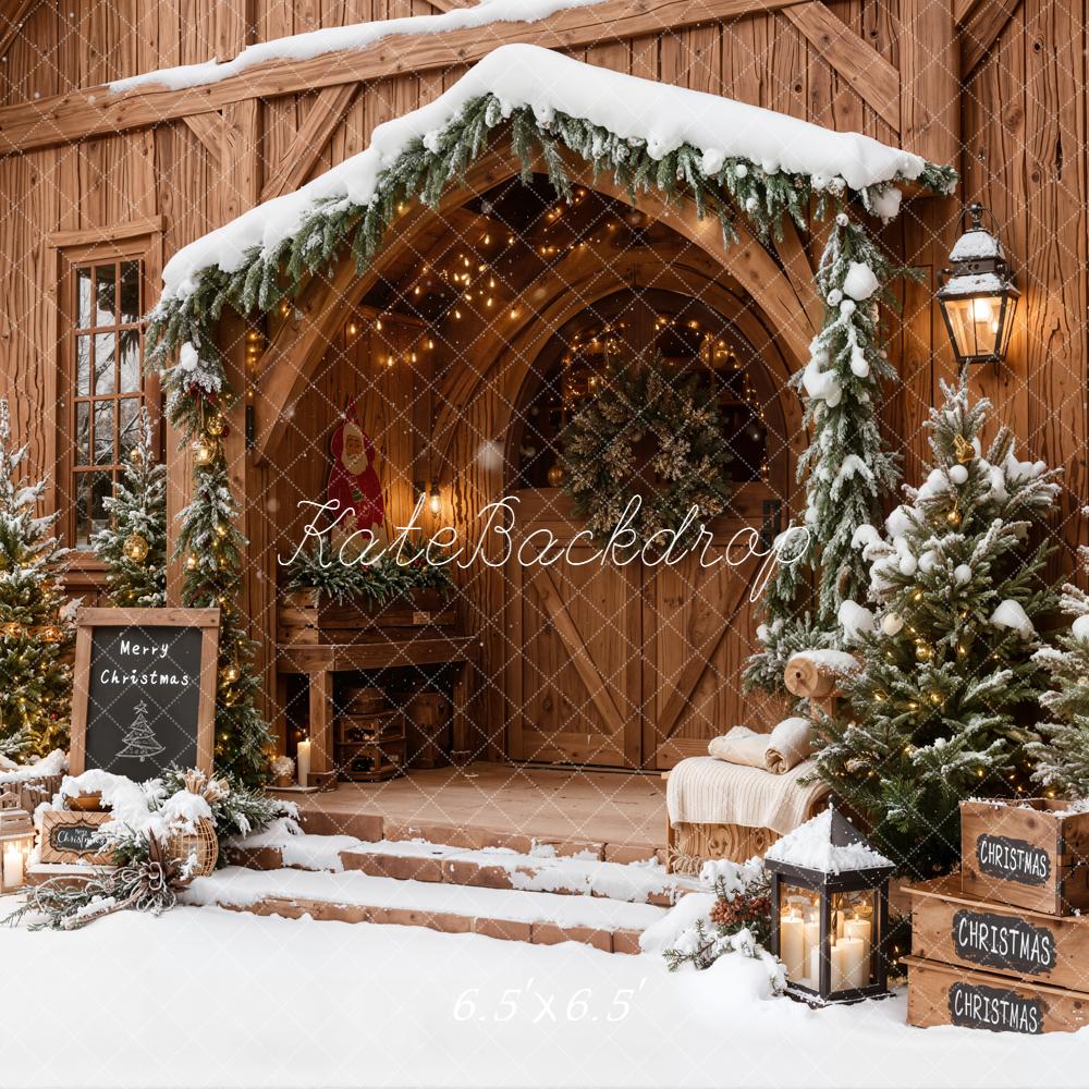 Kate Christmas Snowy Wooden Porch Pine Trees Backdrop Designed by Emetselch