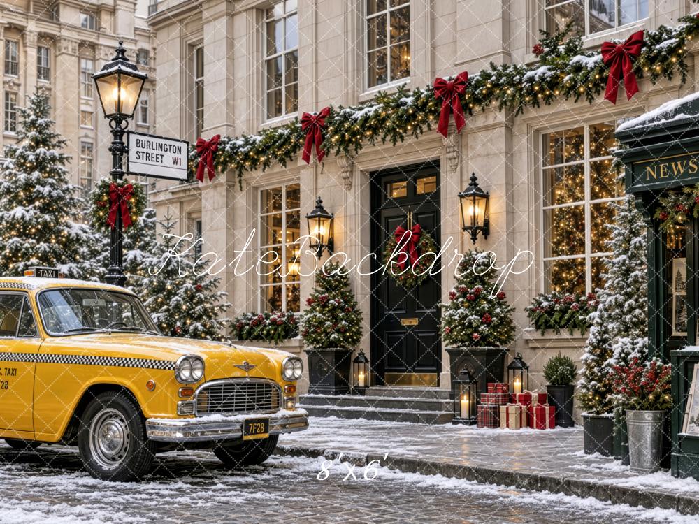 Kate Christmas Urban Snowy City Street Vintage Building Yellow Taxi Printed Backdrop Designed by Patty Roberts