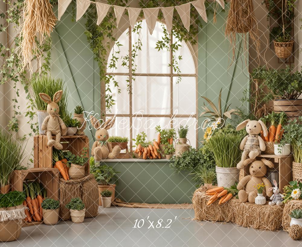 Kate Easter Bunny Carrots Green Window Hay Printed Backdrop Designed by Emetselch