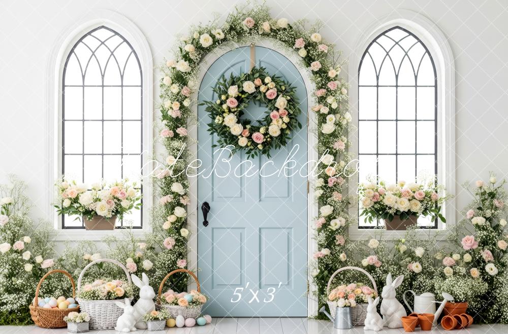 Kate Easter Bunny Floral Arch Blue Door Backdrop Designed by Patty Roberts
