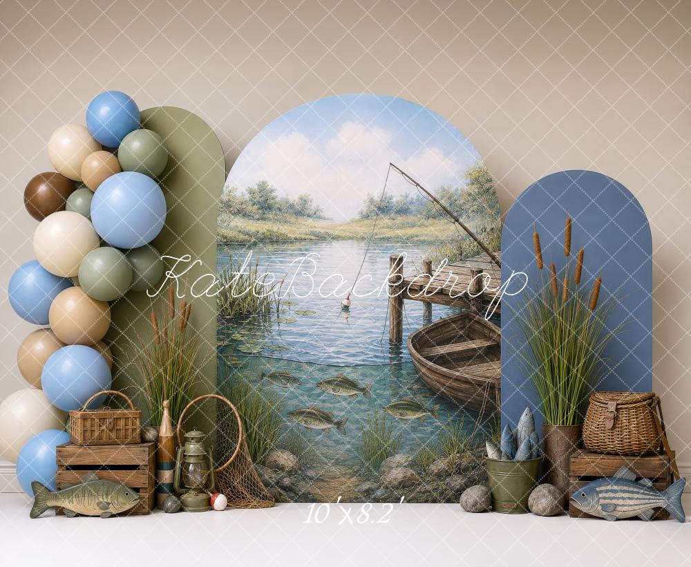 Kate Cake Smash Fishing Dock Boat Lake Scene Printed Backdrop Designed by Shutter Swan Studios