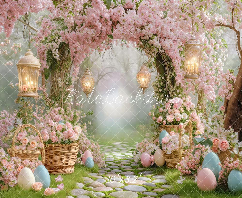 Kate Easter Bunny Flower Arch Pink Cobblestone Path Printed Backdrop Designed by Emetselch