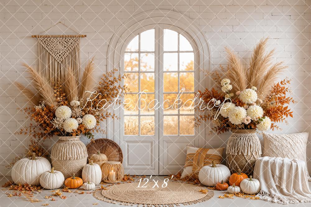 Kate Fall Boho Pumpkin Floral Arched Window Door Printed Backdrop Designed by Emetselch