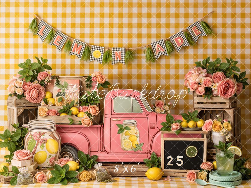 Kate Summer Lemonade Pink Truck Yellow Plaid Flowers Printed Backdrop Designed by Emetselch