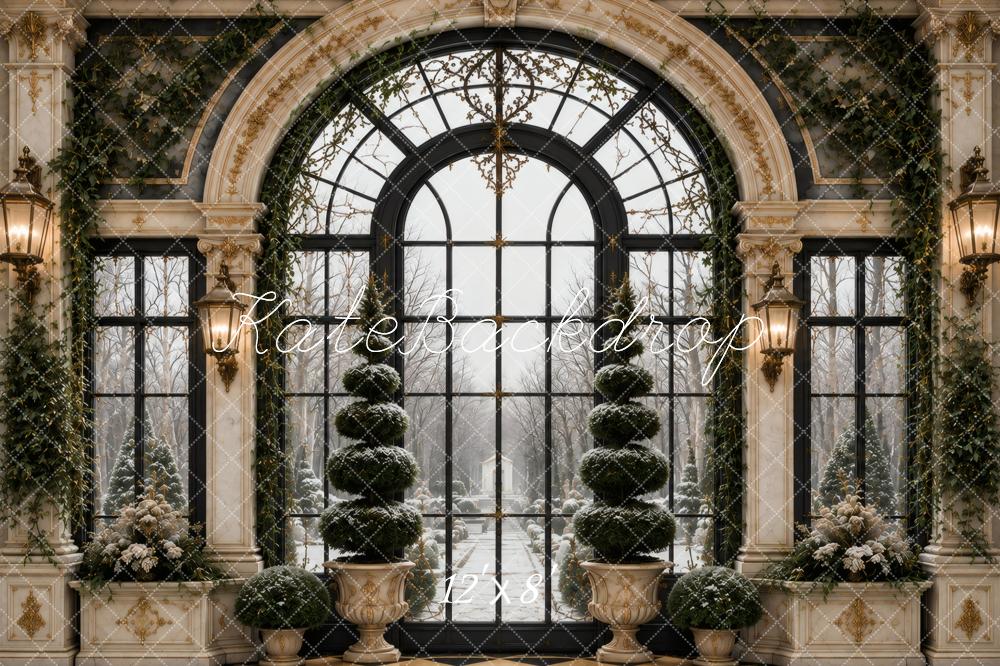 Kate Elegant Arched Window Ivy Topiary Snow Garden Printed Backdrop Designed by Vertigo Productions