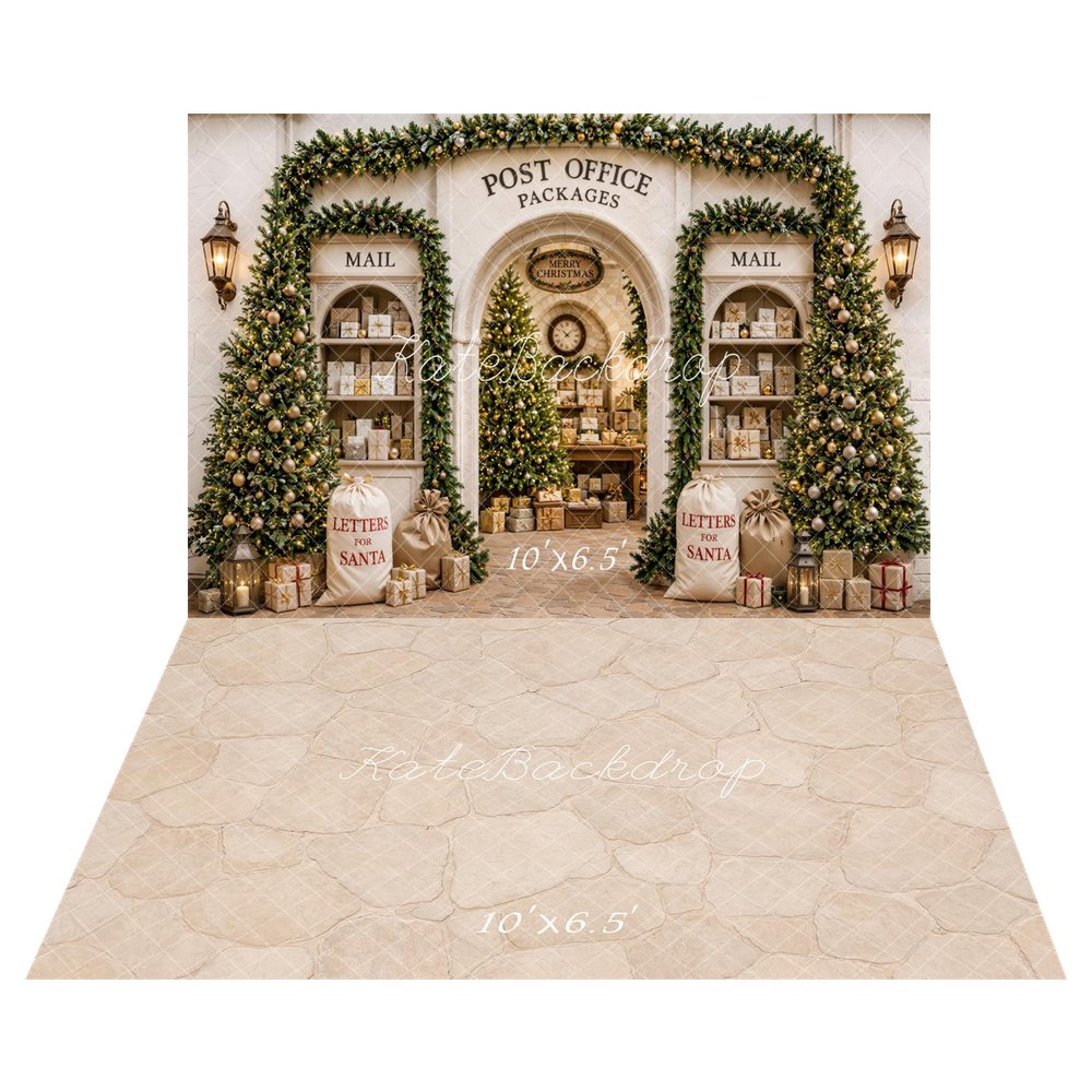 Kate Christmas Post Office Packages Christmas Trees Letters for Santa Printed Backdrop+Beige Cobblestone Floor Printed Backdrop