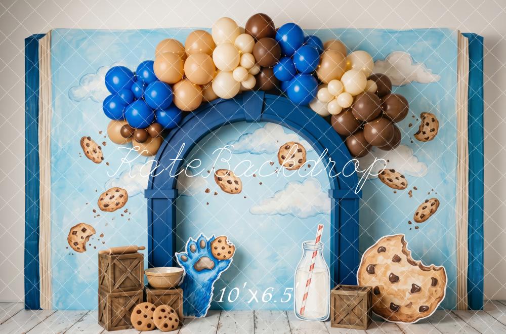 Kate Cake Smash Blue Cookie Character Milk Balloon Arch Printed Backdrop Designed by Patty Roberts