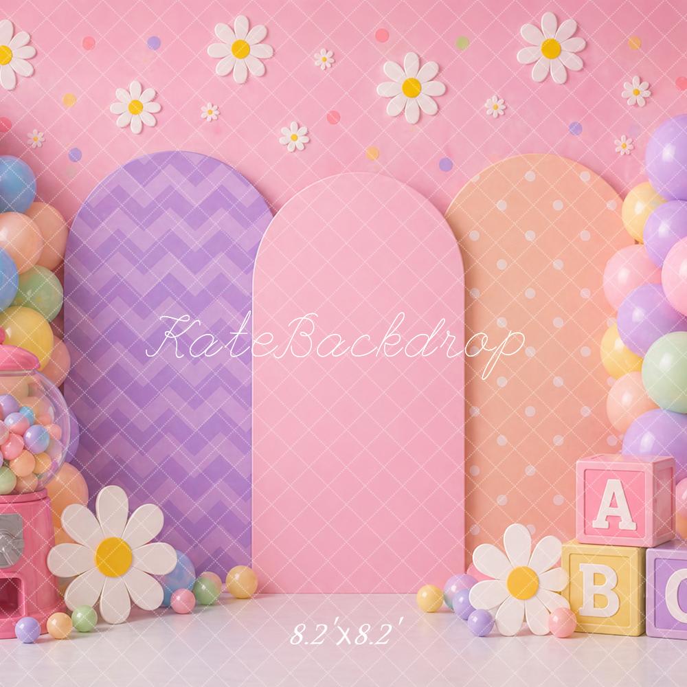 Kate Birthday Kids Balloons Bubblegum Machine Daisy Flowers ABC Blocks Printed Backdrop Designed by Caitlin Lynch