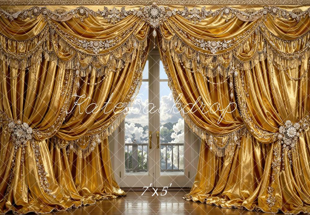 Kate Gold Ornate Curtains French Doors Printed Backdrop Designed by Mini MakeBelieve