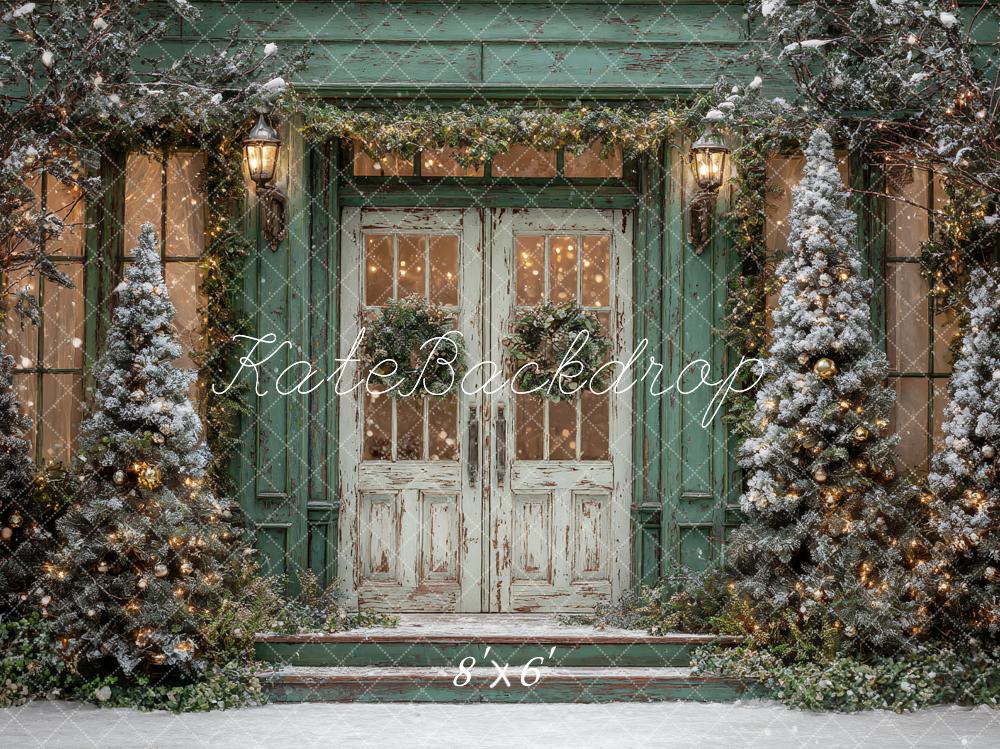 Kate Christmas Snowy Pine Trees Rustic Green Door Backdrop Designed by Ashley Paul