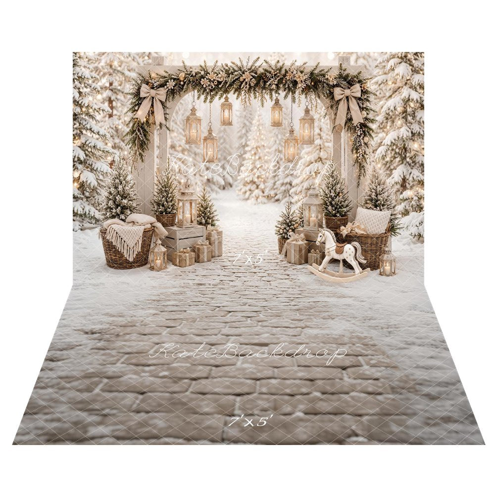 Kate Christmas Snowy Forest Arch Lanterns Garland Cozy Printed Backdrop+White Snow Brick Floor Printed Backdrop