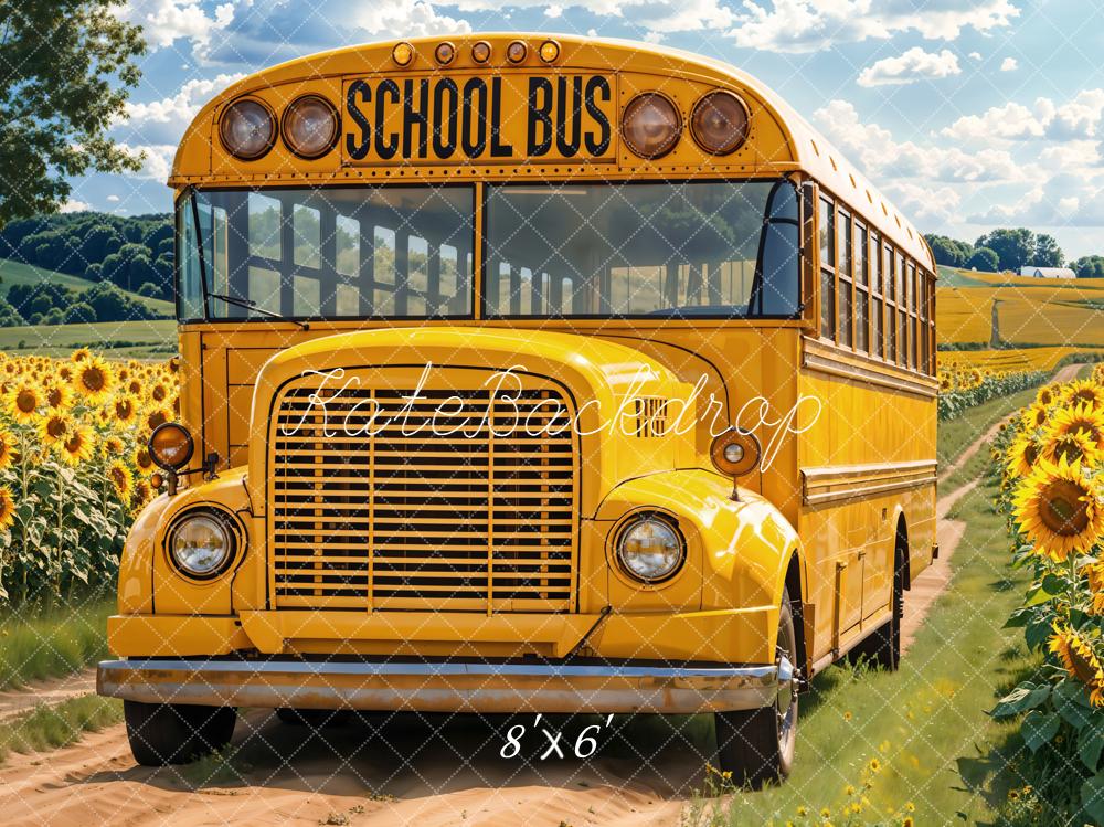 Kate Back to School Fall Yellow School Bus Sunflower Field Backdrop Designed by Emetselch