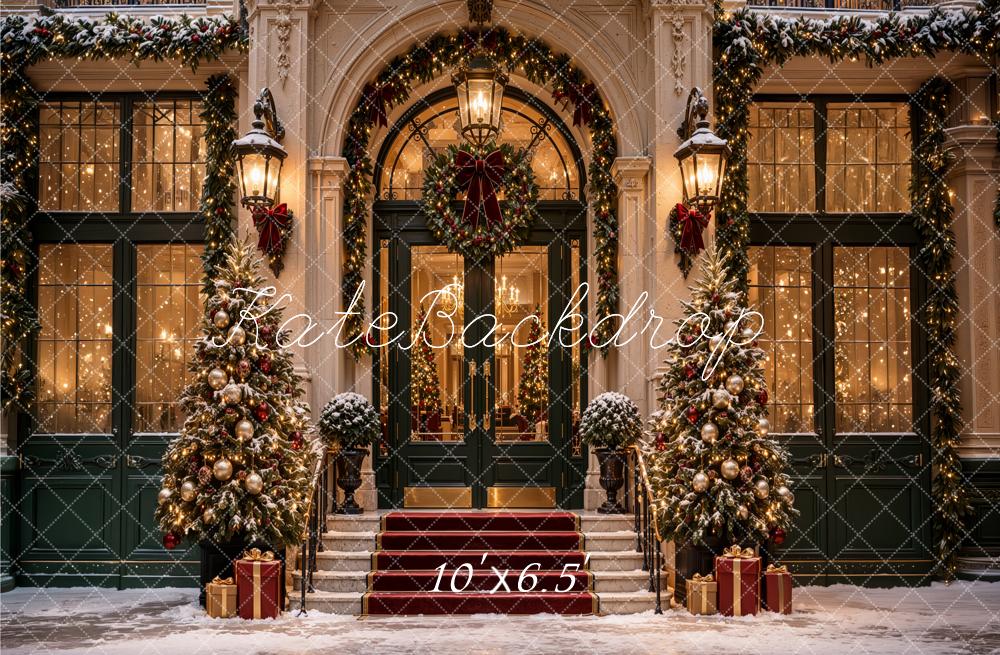 Kate Christmas City Snowy Grand Building Entrance Arch Wreaths Staircase Printed Backdrop Designed by Jordan Moon