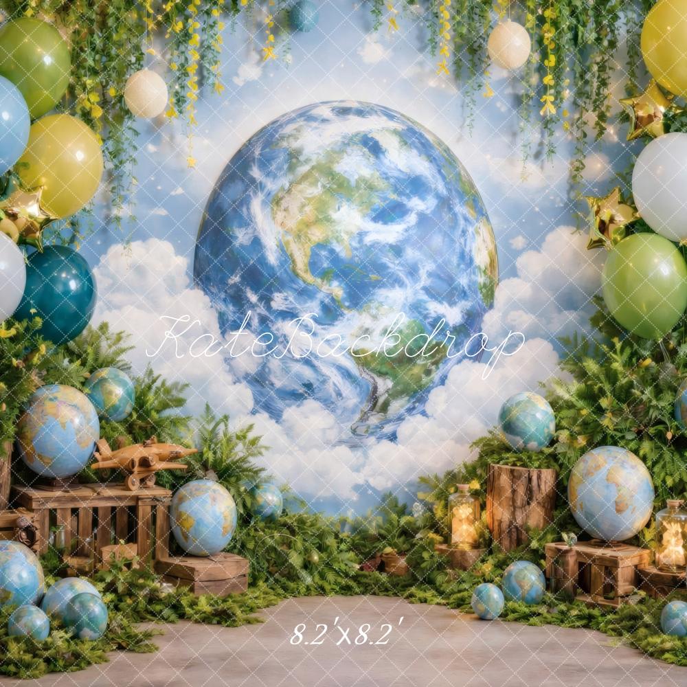 Kate Earth Globe Balloons Greenery Wooden Crates Printed Backdrop Designed by Vertigo Productions