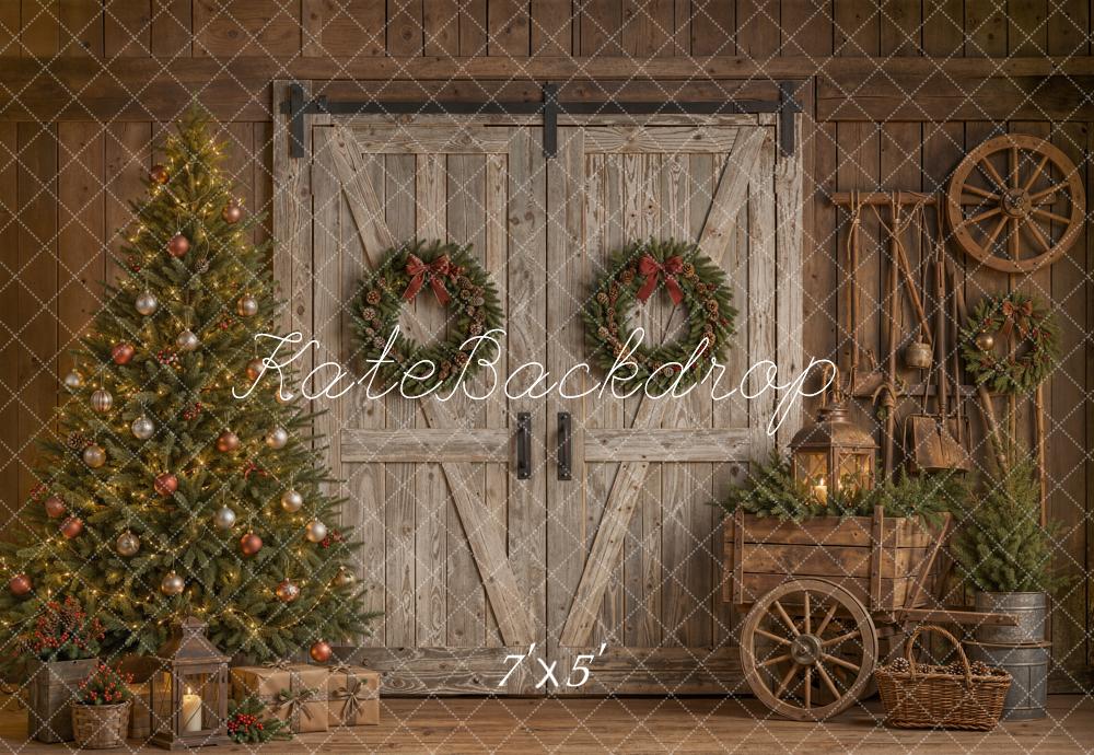 Kate Christmas Rustic Barn Door Christmas Tree Wagon Wheel Printed Backdrop Designed by Emetselch